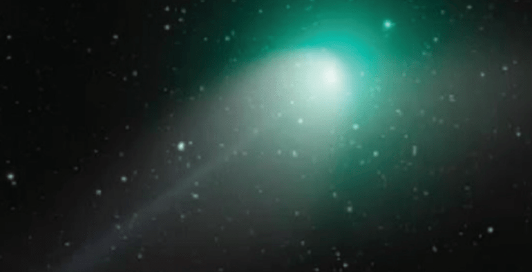 A close image of Comet ZTF, clearly showing its bright green glow (image courtesy of NASA).